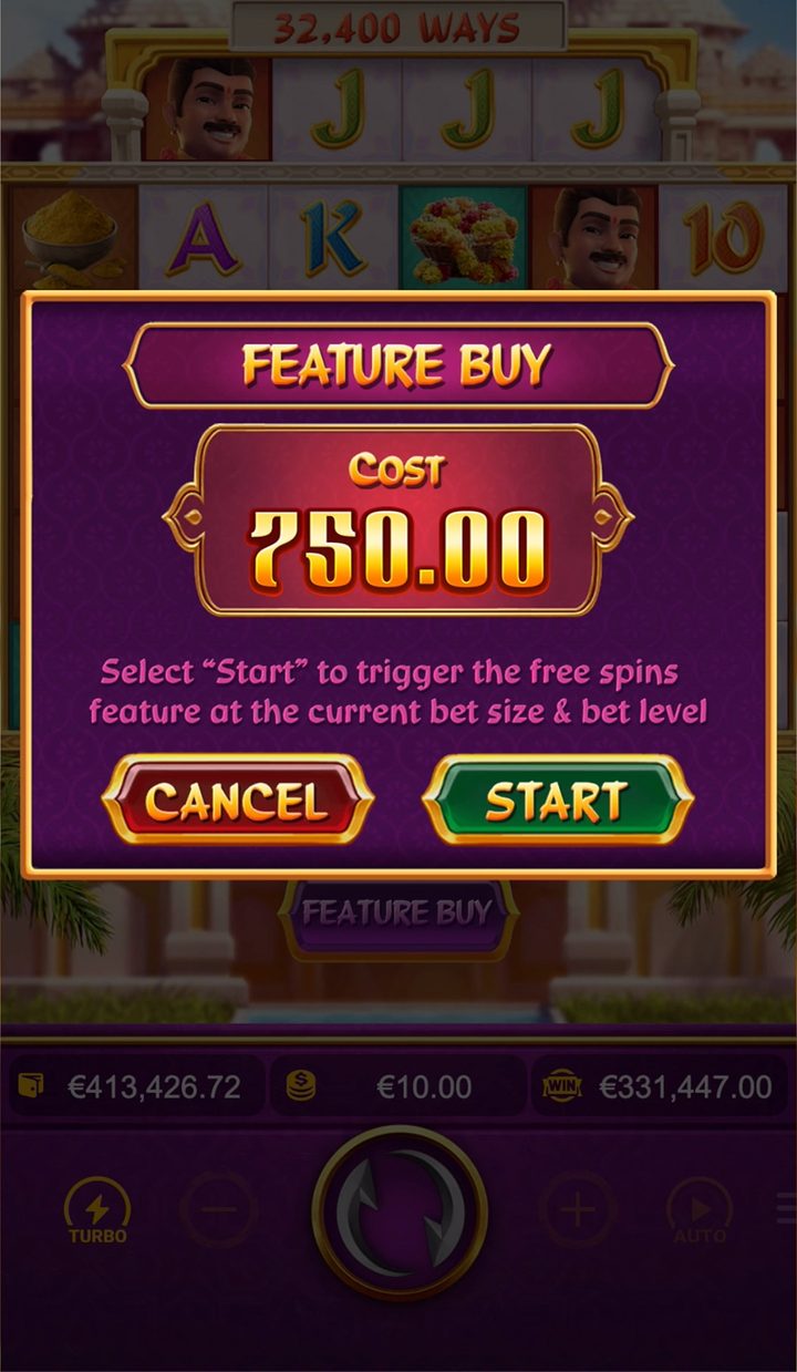 Ganesha Fortune Feature Buy screen: cost 750 at a 10 bet